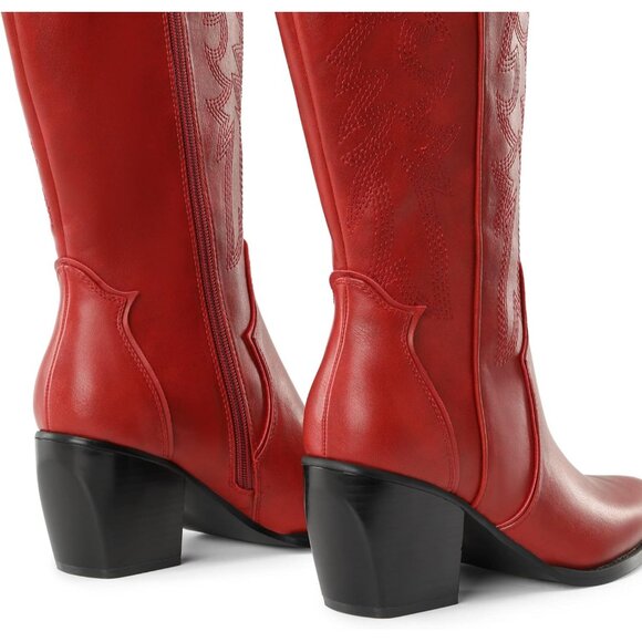 DREAM PAIRS Womens Red Cowboy Boots Wide Calf Knee High Boots Ladies - Picture 6 of 7